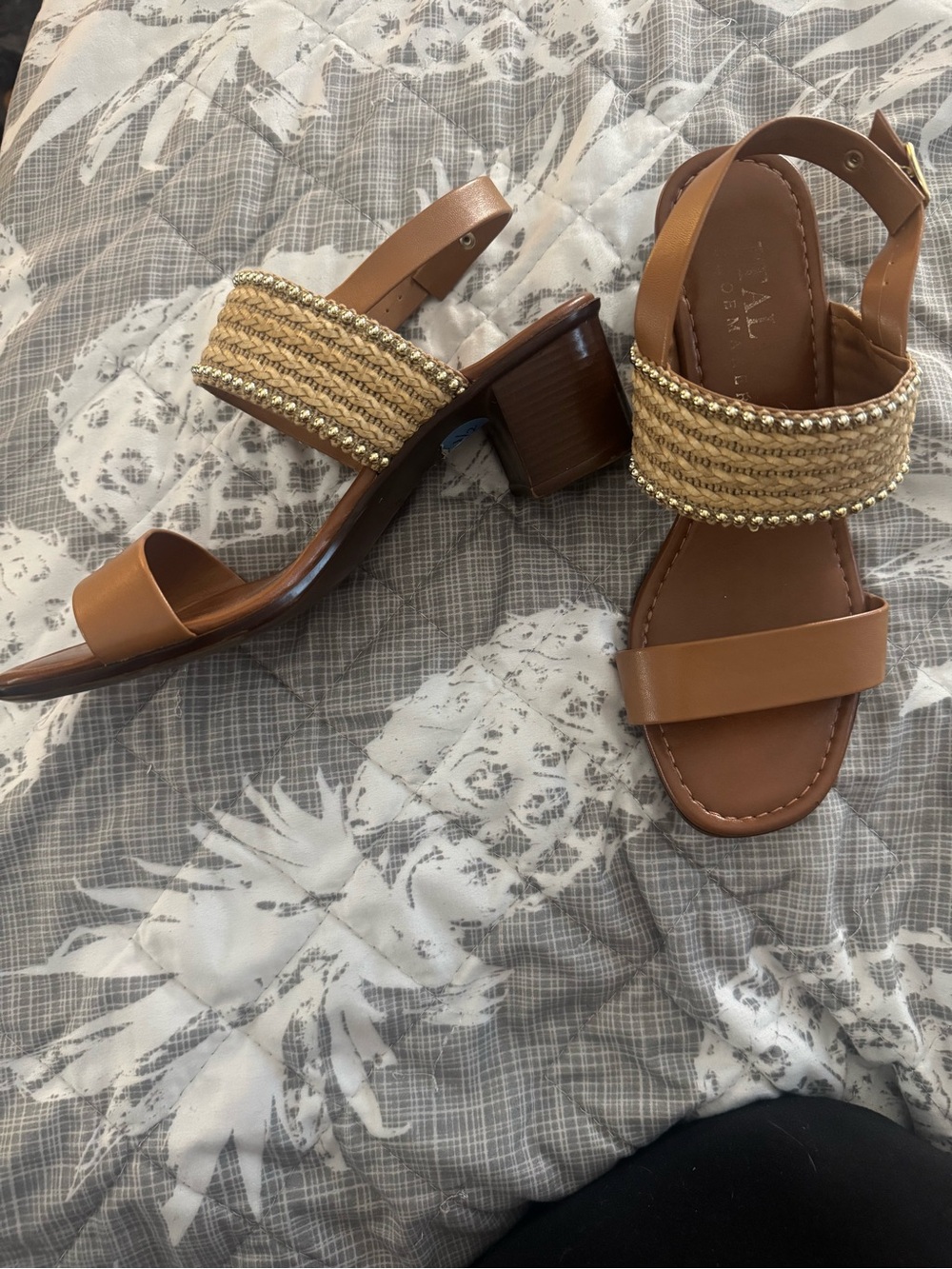 Women's Tan Braided Bead Block Heel Sandals by Italian Shoemakers